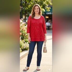 JM Collection Red Sequin 3/4 Sleeve Blouse